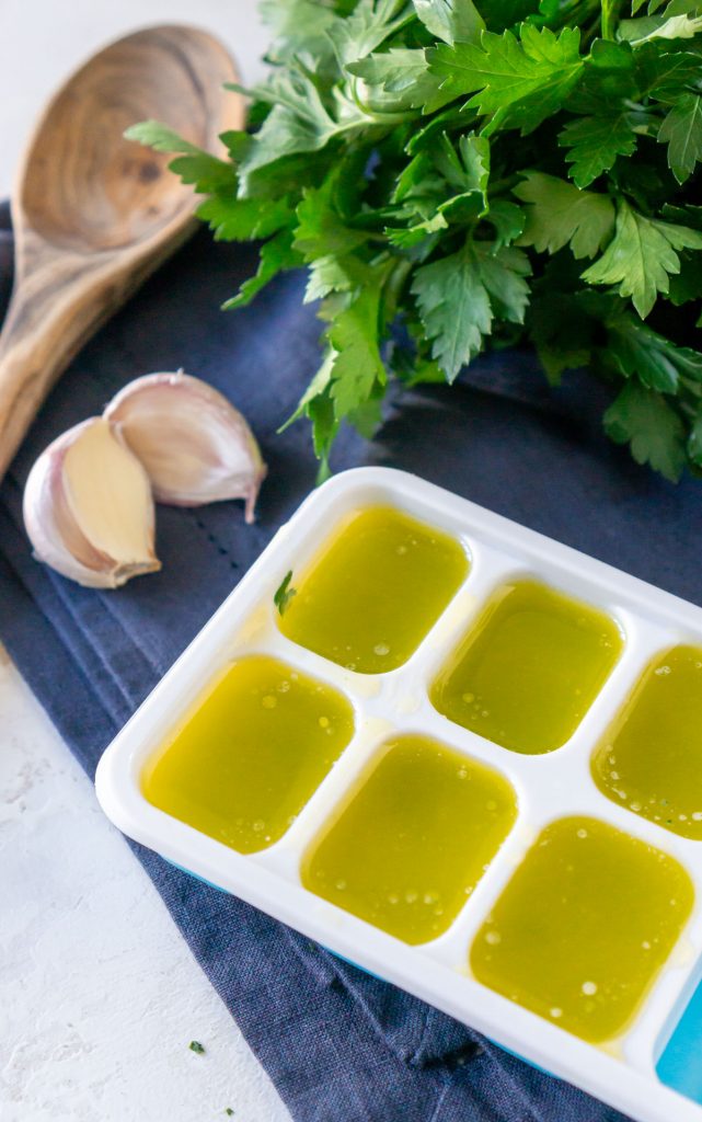 garlic butter in an ice cube tray