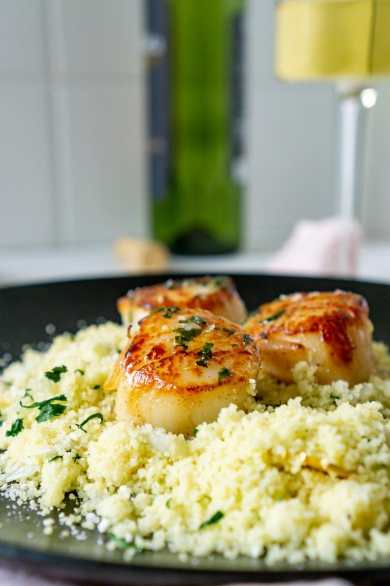 seared scallops over moroccan couscous