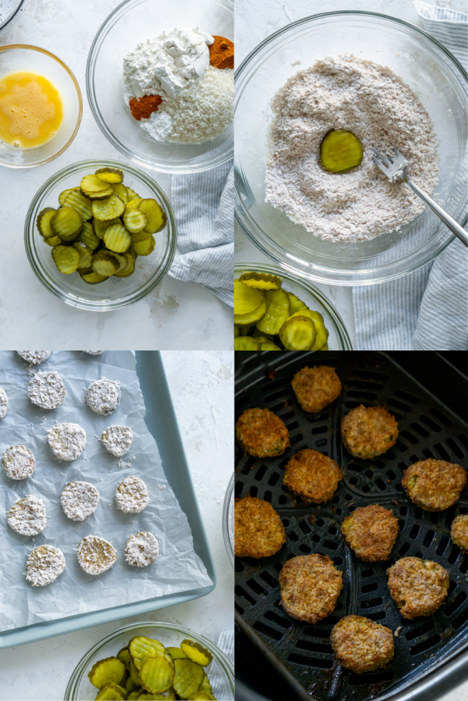 collage of process steps for making fries pickles