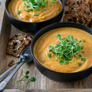 two bowls of roasted butternut squash soup with spoons
