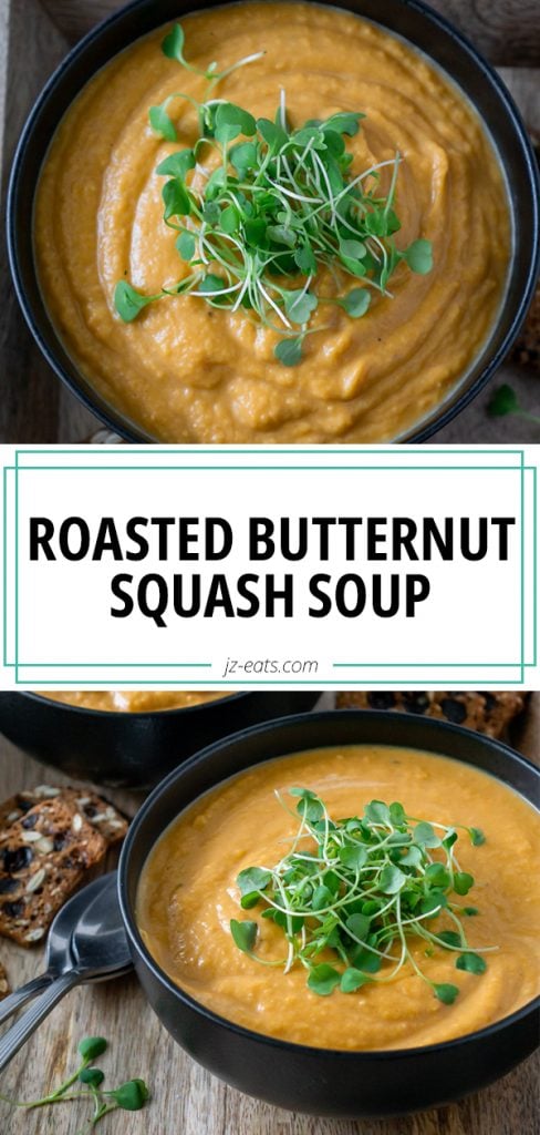 roasted butternut squash soup in bowls on a tray with crackers