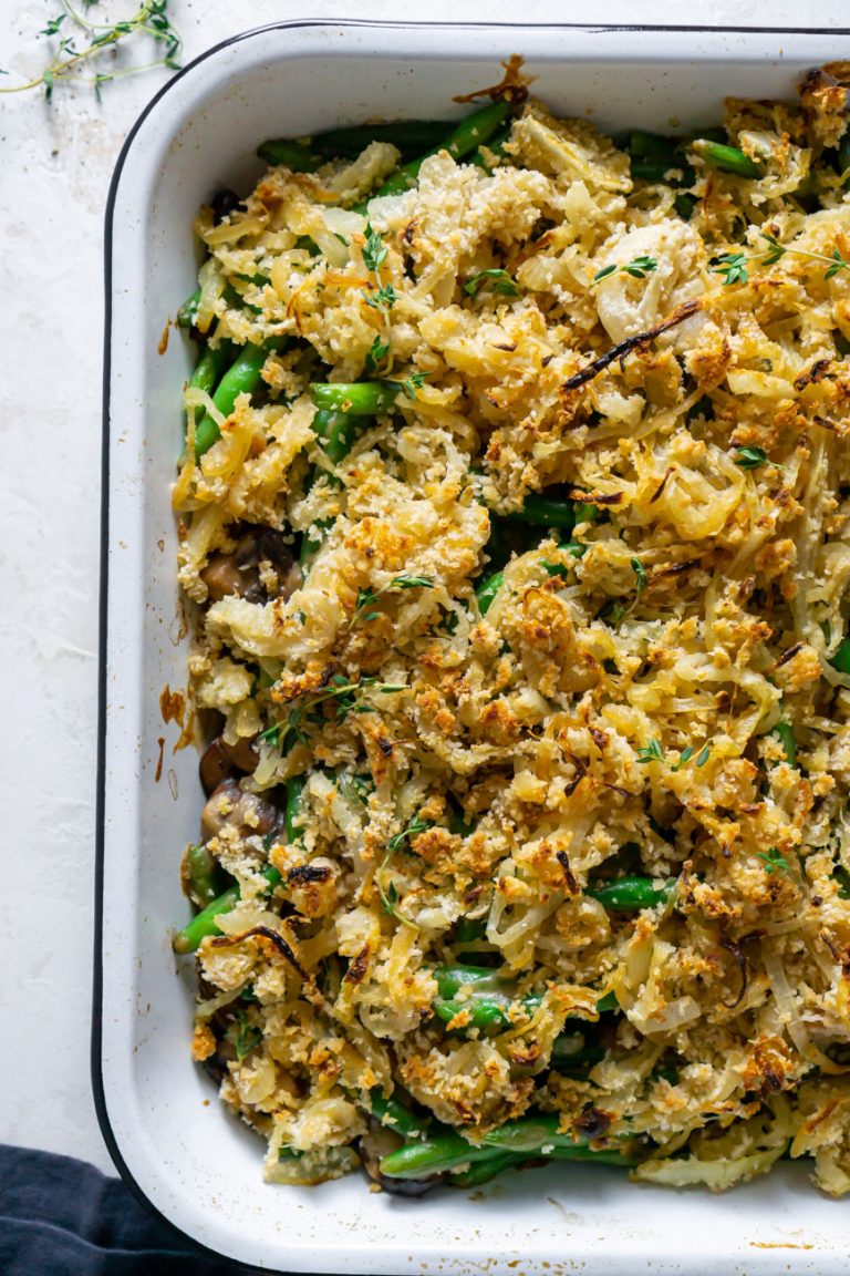 green bean casserole in a white baking dish