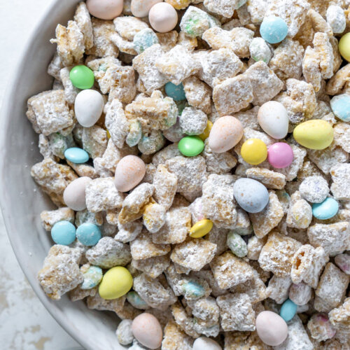 puppy chow in a white bowl