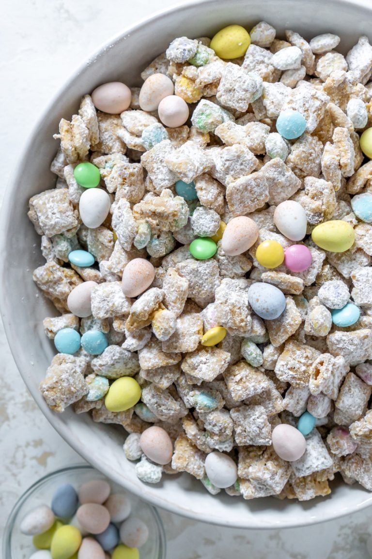 puppy chow in a white bowl