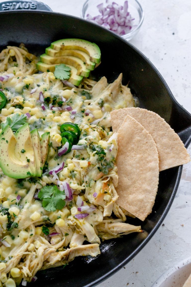 skillet enchiladas with two tortilla chips