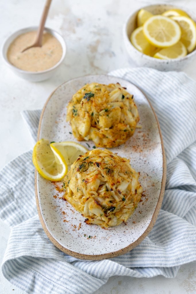 two crab cakes on a plate