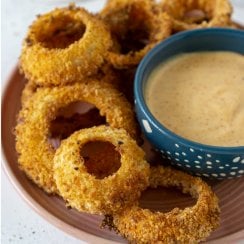 air fryer onion rings on a plate with sauce