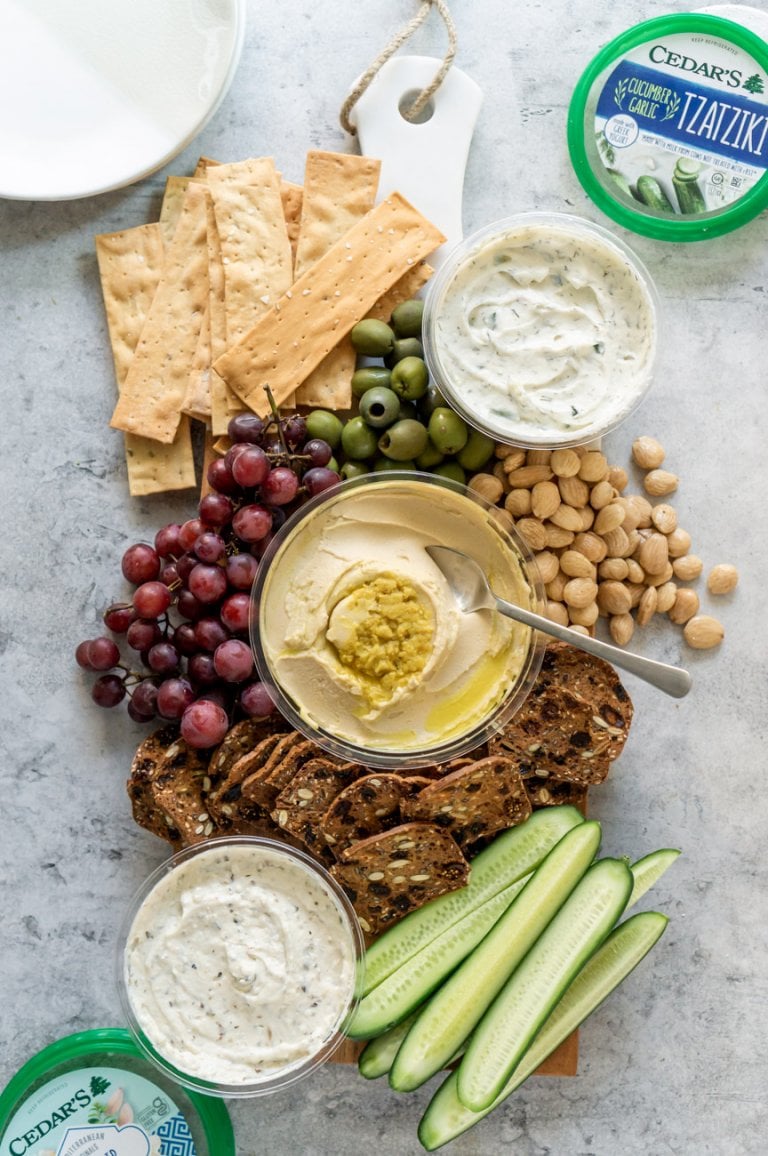 mediterranean mezze platter on a serving board