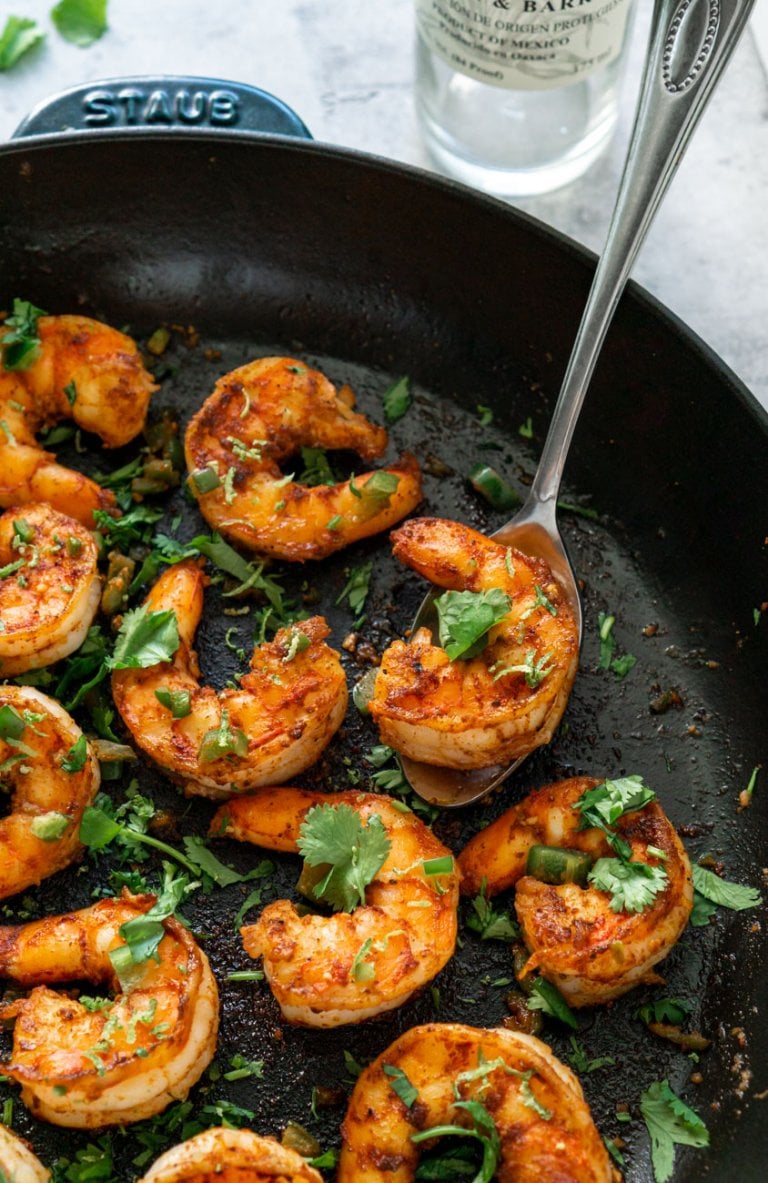 drunken tequila lime shrimp in a black pan