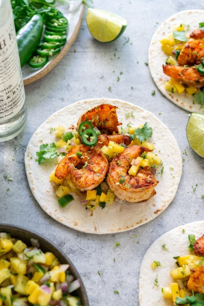 tequila lime shrimp on a tortilla with salsa