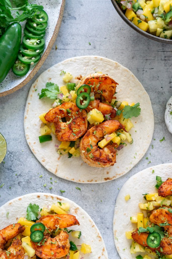 3 tacos with shrimp and mango salsa