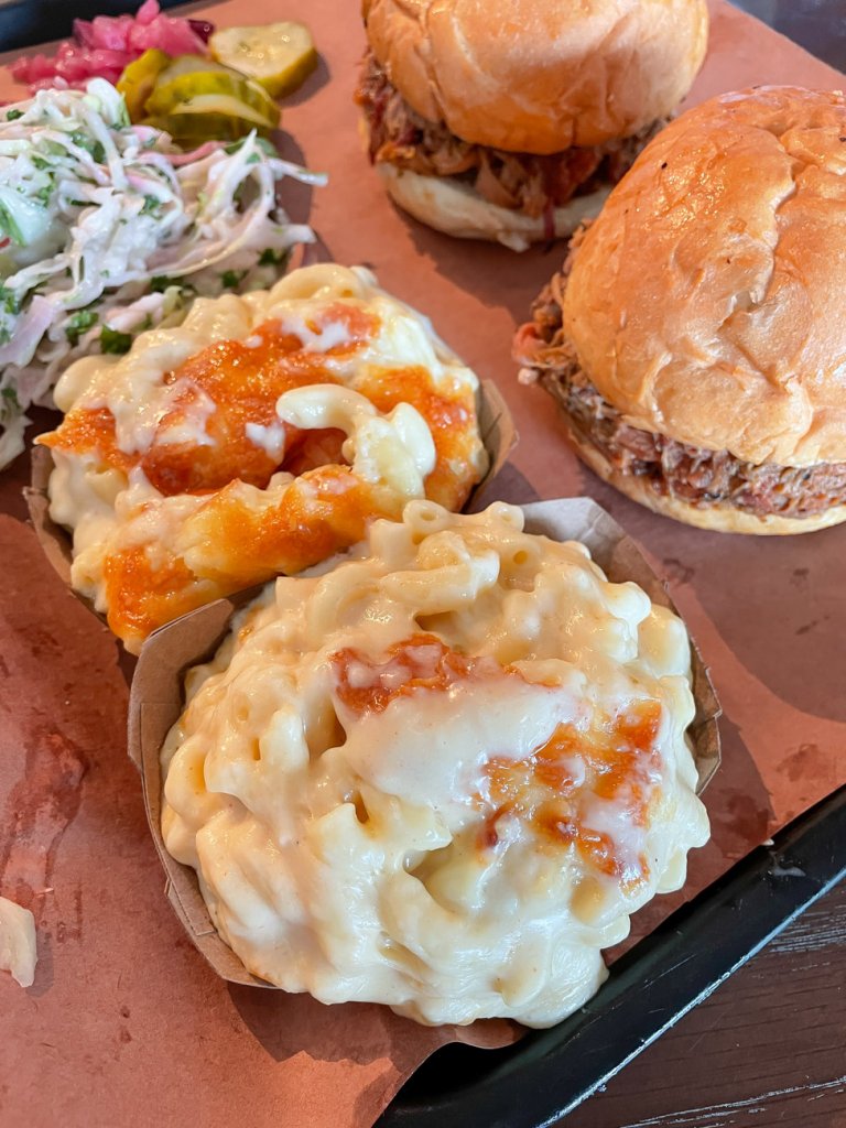 mac and cheese with two pulled pork sandwiches from lewis bbq