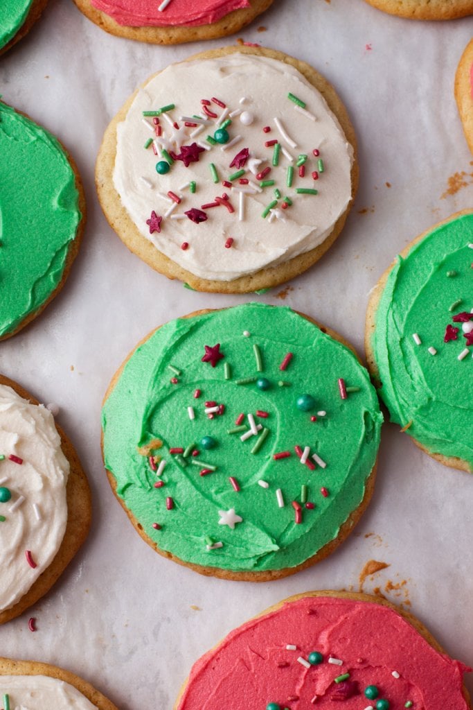 green, white, and red christmas sugar cookies