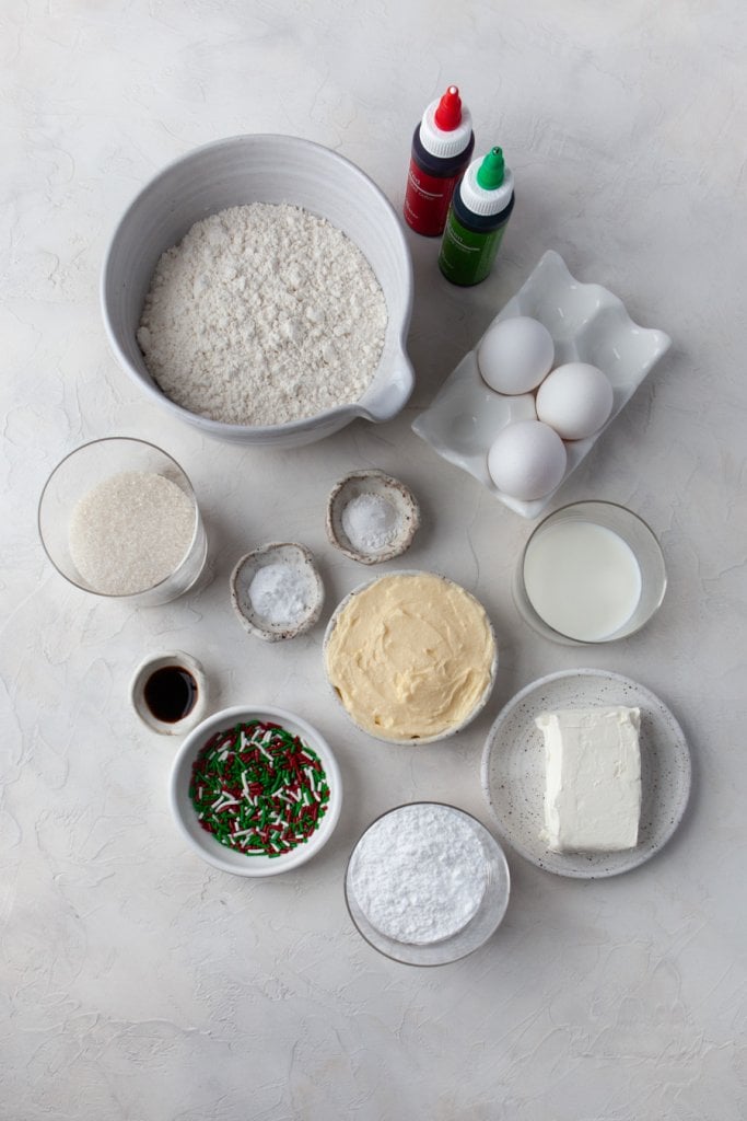 ingredients: flour, sugar, butter, food coloring, sprinkles