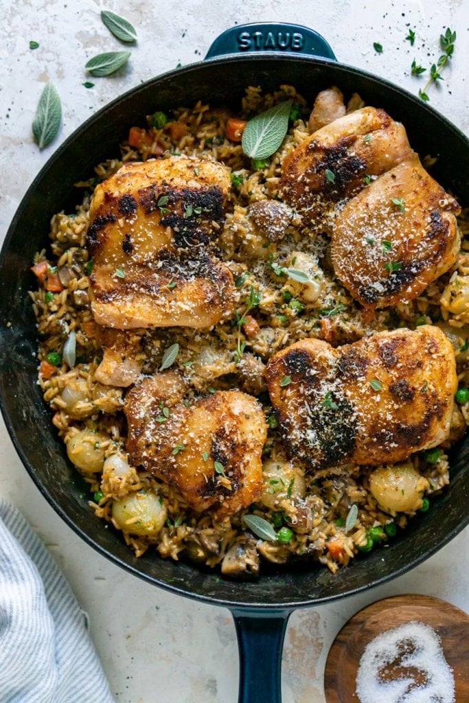 one dish chicken and rice in a skillet