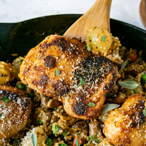 serving creamy chicken and rice from a skillet