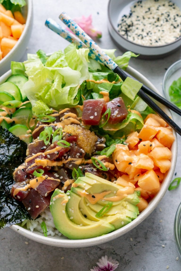 ahi poke bowl with avocado, lettuce, tuna, cantaloupe