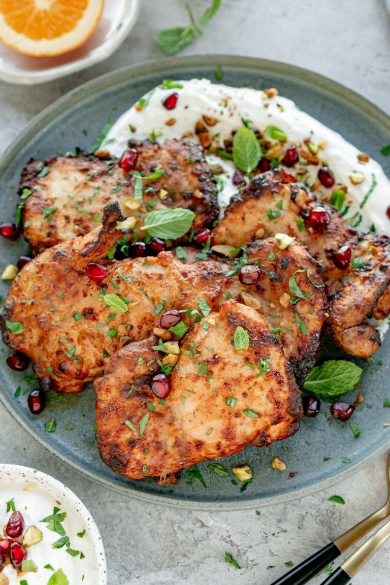 greek yogurt marinated chicken on a blue plate with labneh dip