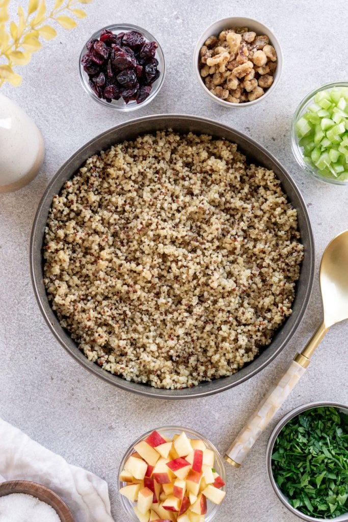 quinoa in a large dark grey bowl with apples, dried cranberries, parsley, walnuts, and celery in small bowls to the side