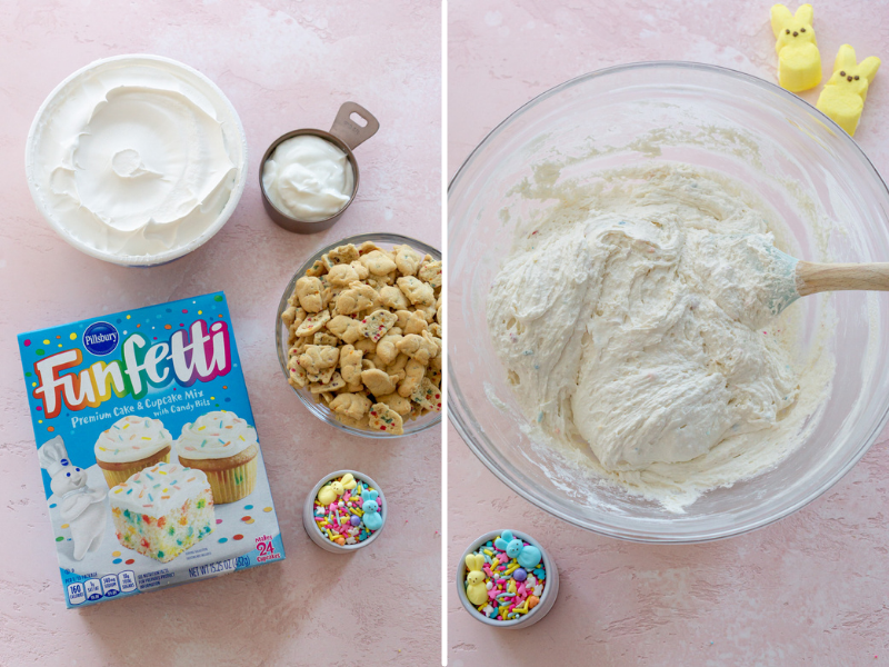 funfetti cake mix box, animal crackers in a bowl, whipped topping in a bowl, and dunkaroo dip in a glass mixing bowl