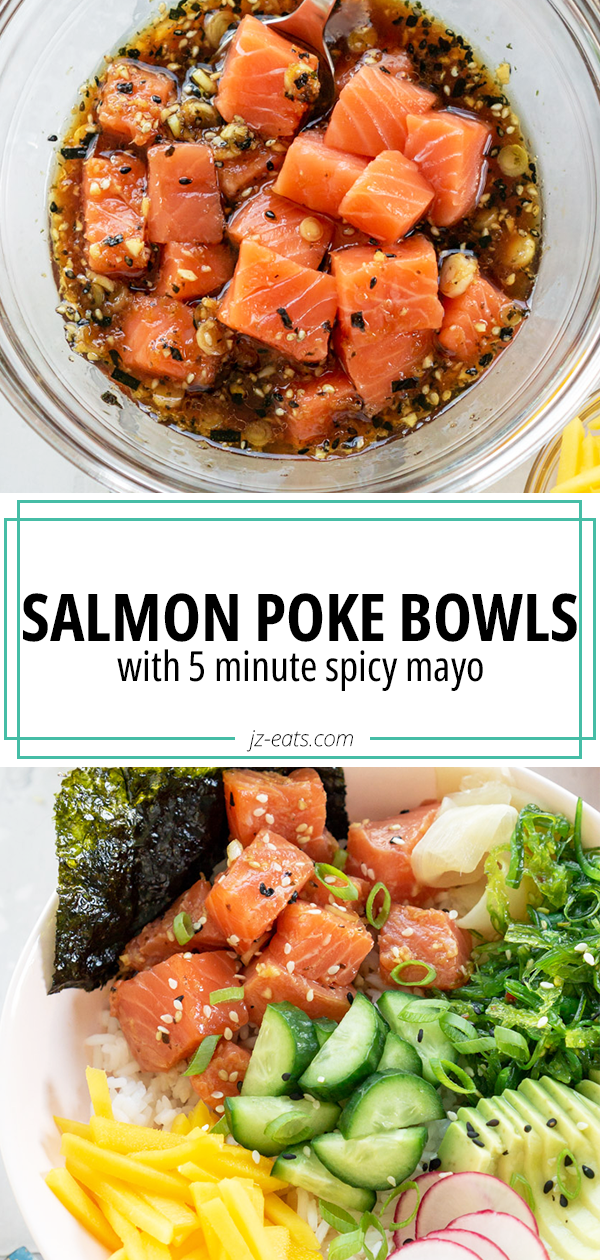 Salmon poke bowls recipe pin.