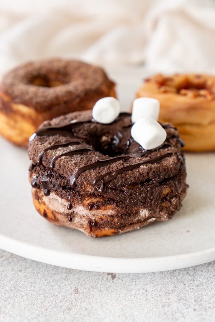air fryer chocolate donut on a plate with two other donuts