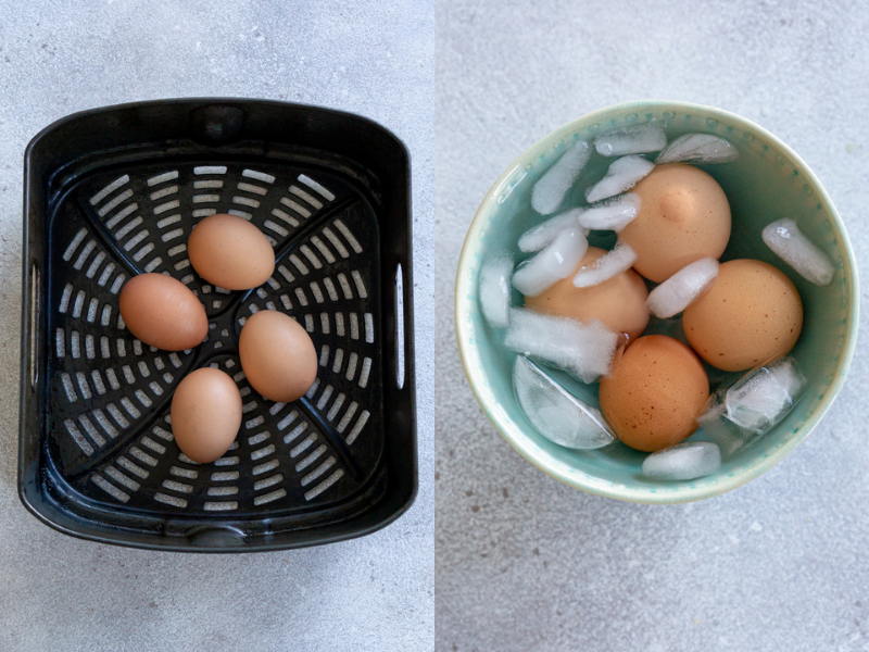 eggs in an air fryer basket and also in a blue bowl with ice water