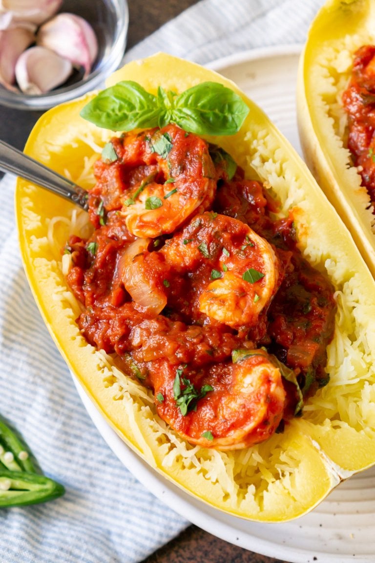 baked spaghetti squash with marinara and shrimp