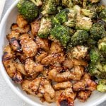 air fryer chicken and broccoli in a white serving bowl