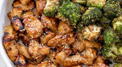 air fryer chicken and broccoli in a white serving bowl