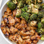 air fryer chicken and broccoli in a white bowl