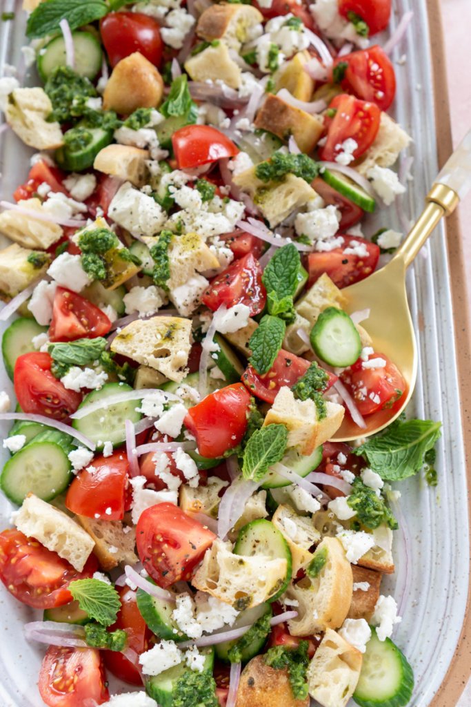 close up of panzanella salad