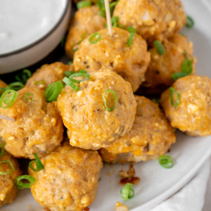 air fryer buffalo chicken meatballs on a white plate