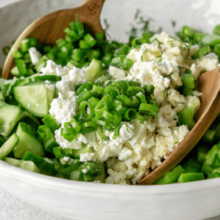 chopped vegetable salad in a white bowl with wooden serving spoons