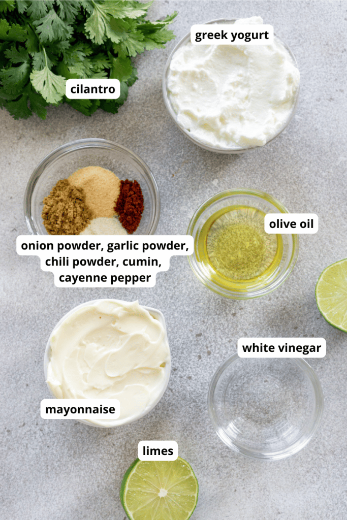 mayonnaise, spices, olive oil, greek yogurt in small bowls