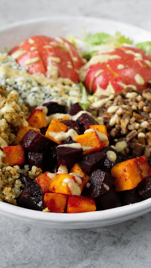 close up of Fall Harvest Salad With Champagne Apple Cider Vinaigrette with veggies