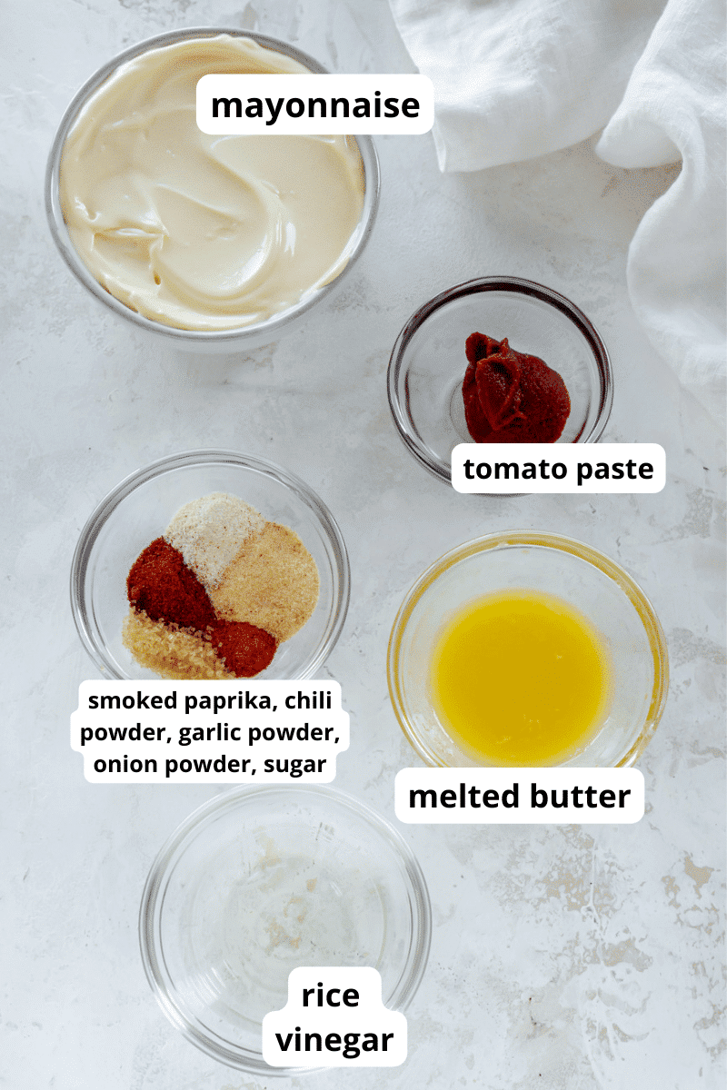 mayonnaise, melted butter, tomato paste, and seasonings in small bowls.