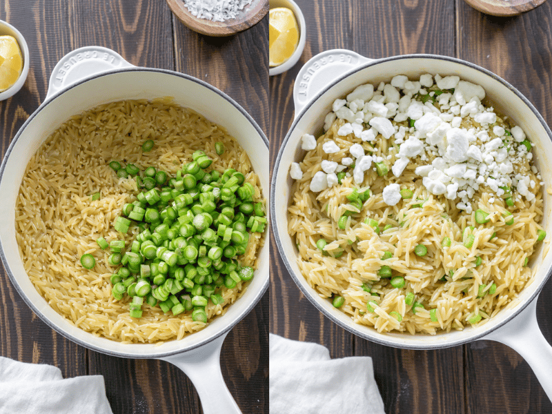 orzo in a white pot with asparagus and goat cheese