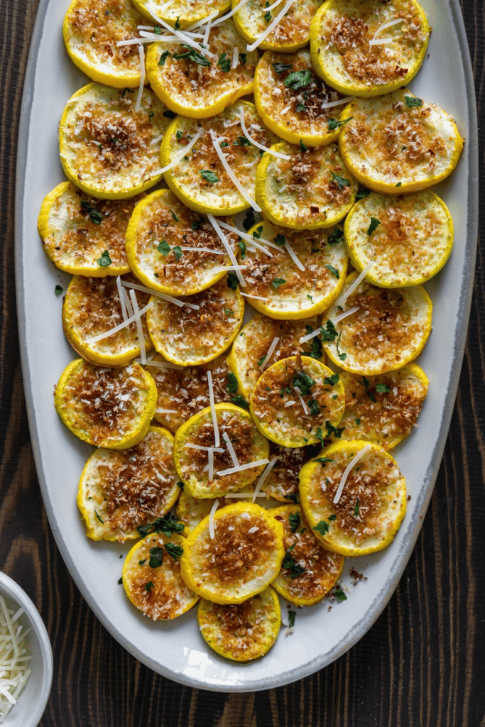 roasted yellow squash on white platter