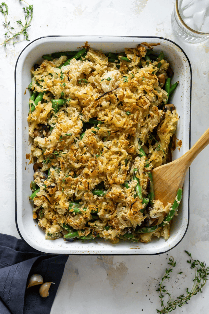 green bean casserole in white baking dish