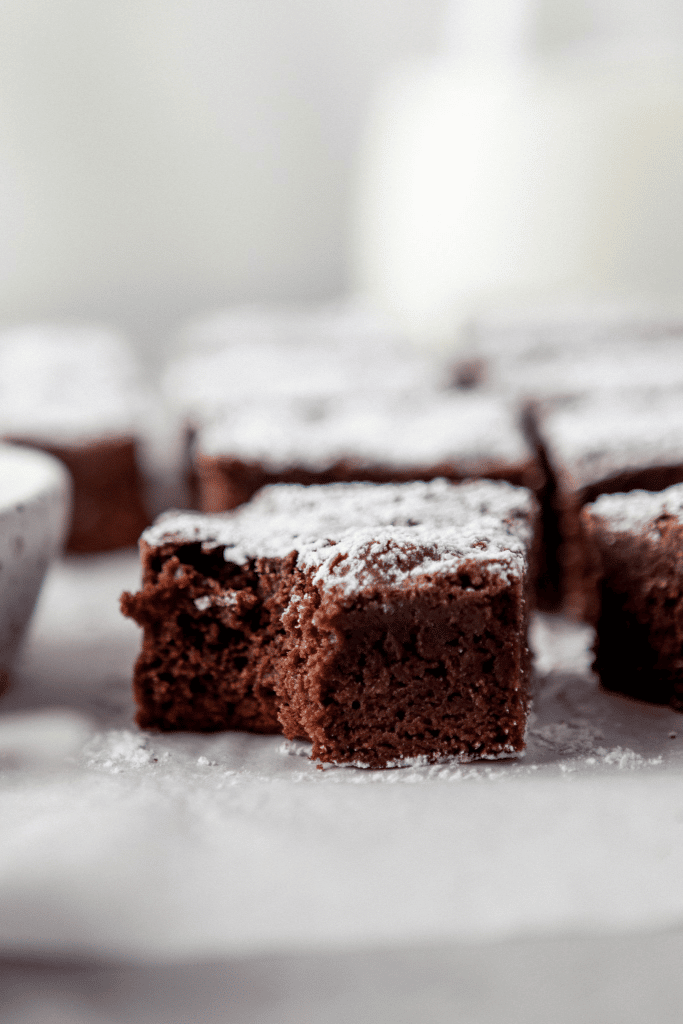 close up of chocolate brownie with powdered sugar on top