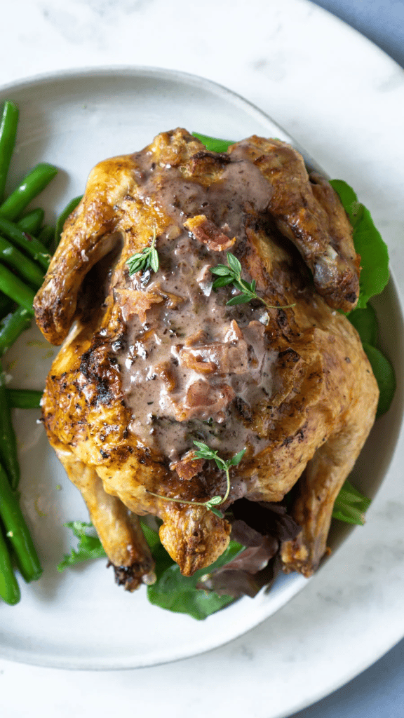 crispy Cornish hen with gravy on top