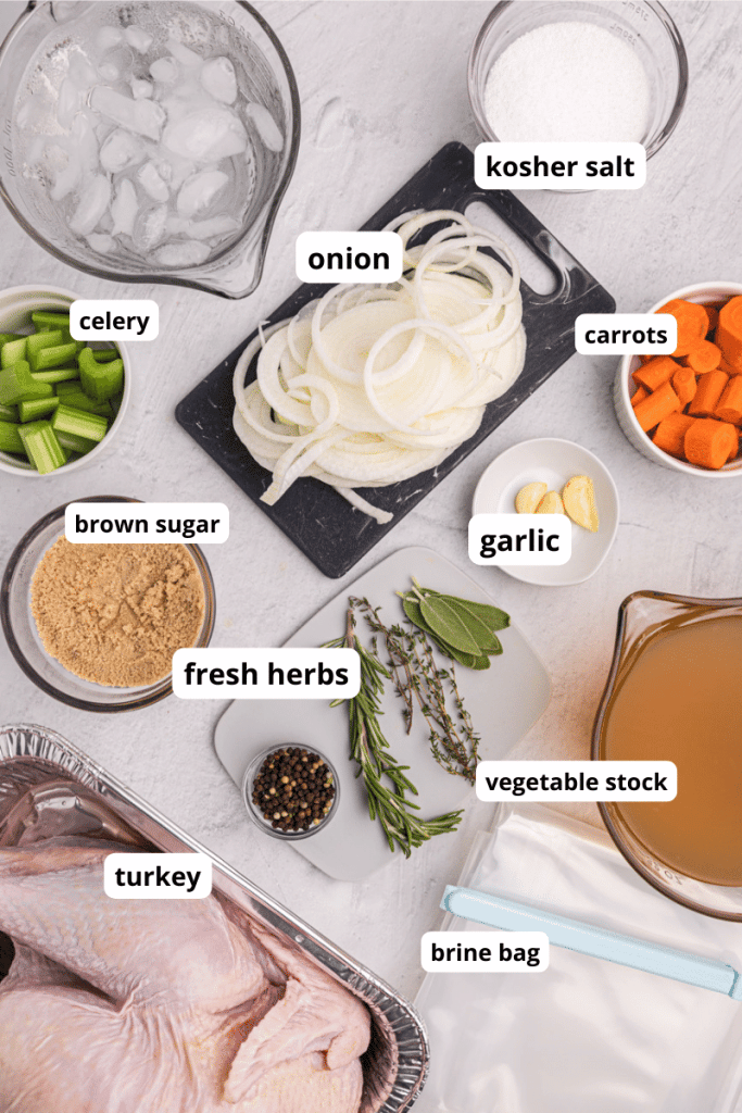 turkey, herbs, onion, carrots, brown sugar, broth, and carrots