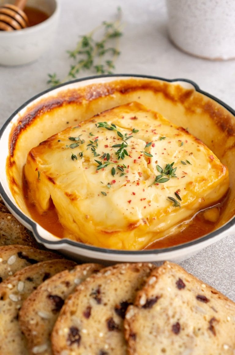 hot honey baked feta in a cast iron baking dish