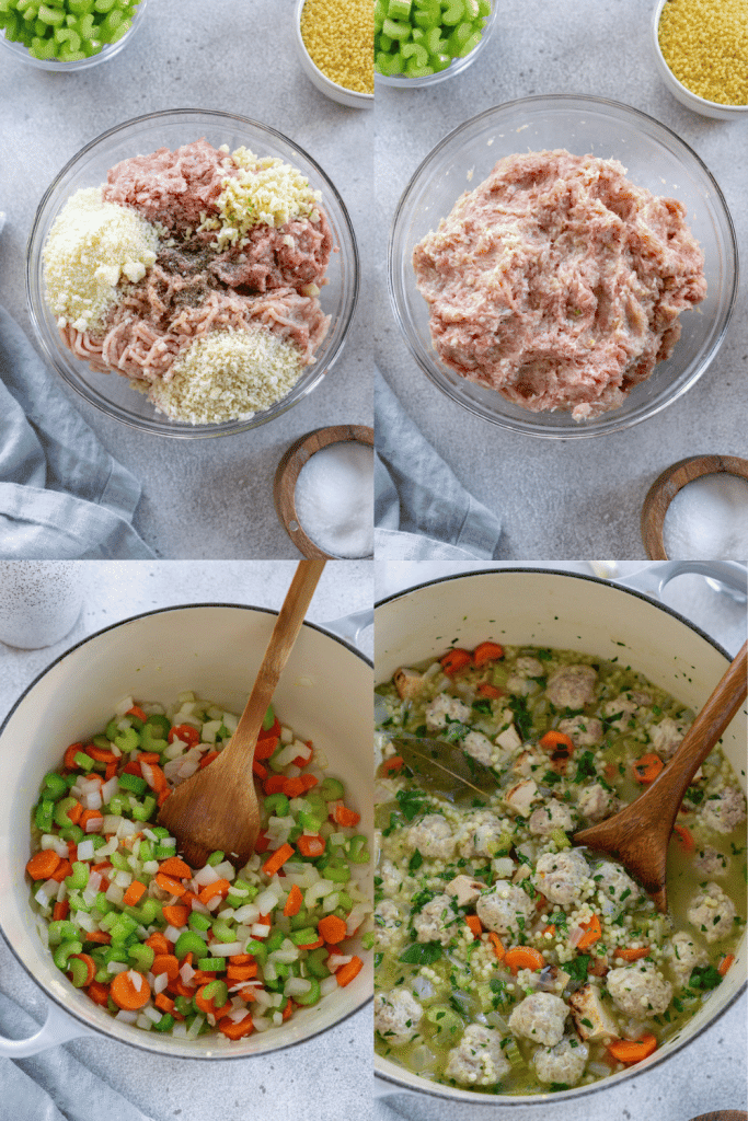 four photos showing how to make chickarina soup