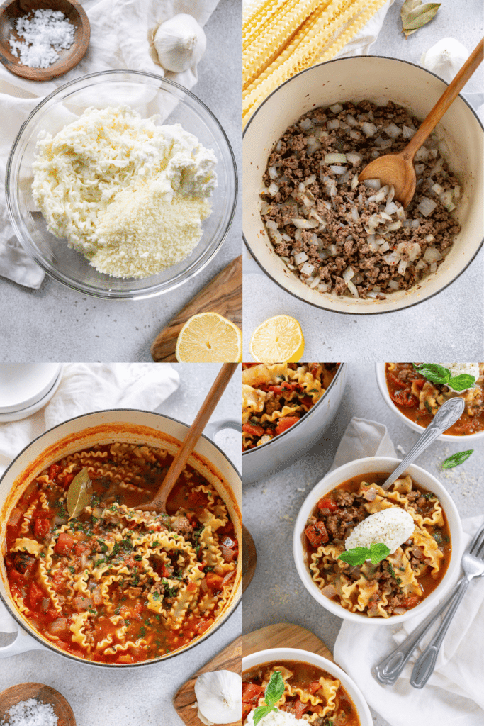 four photos outlining the steps to make one pot lasagna soup