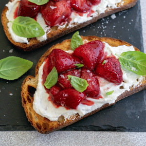 balsamic roasted strawberries on toast with basil