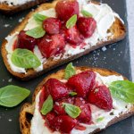 balsamic roasted strawberries on toast with basil