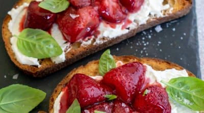 balsamic roasted strawberries on toast with basil