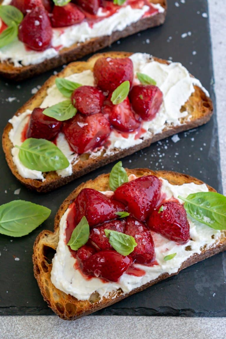 balsamic roasted strawberries on toast with basil